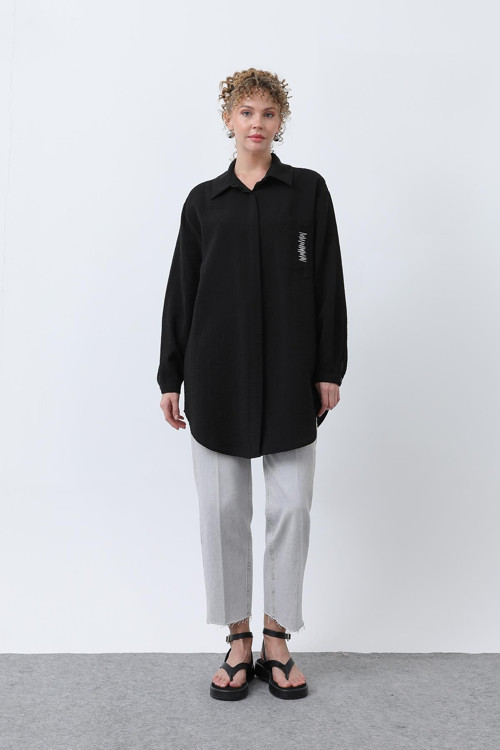 Kadın Cebi Zikzak Nakış Detaylı Gömlek - 10679GML - BLACK