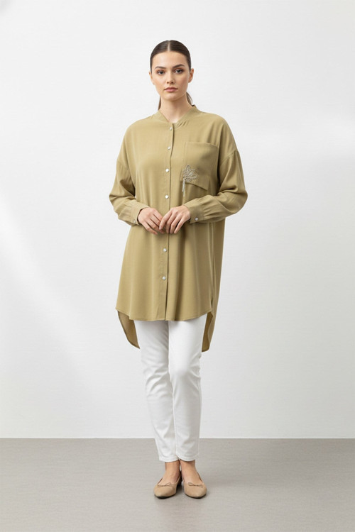 Kadın Düğmeli Broş Detaylı Uzun Tunik -10763 - OLIVE