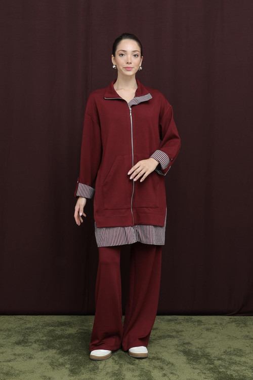 Kadın Garni Detaylı Takım - 14383TKS - BURGUNDY