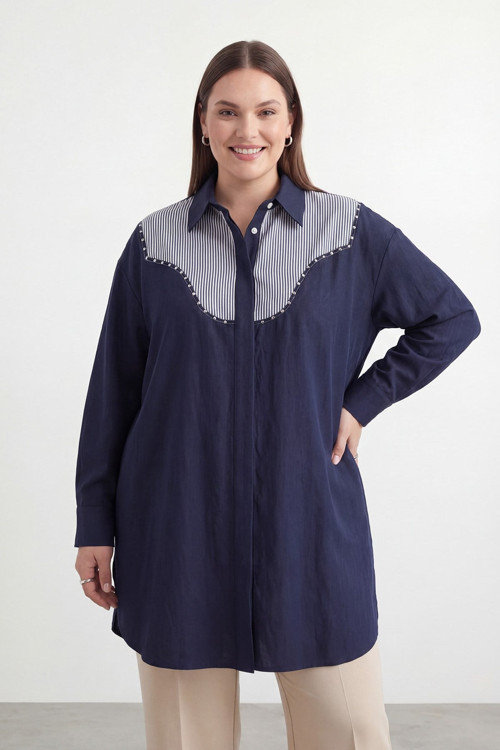 Kadın Büyük Beden Garnili Gömlek - 26S-19262GML - NAVY