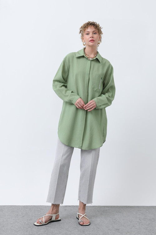 Kadın Cebi Zikzak Nakış Detaylı Gömlek - 10679GML - ALMOND GREEN