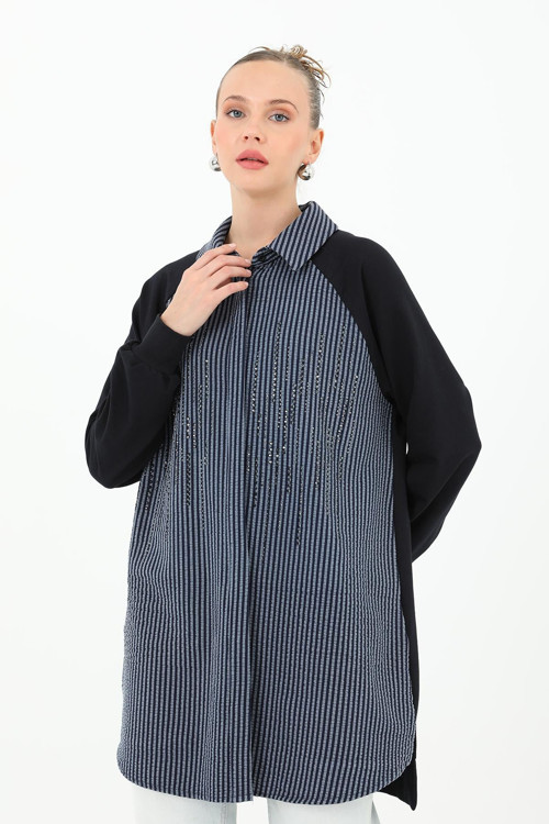 Kadın Ön Tarafı Çizgili Gömlek - 10589GML - NAVY