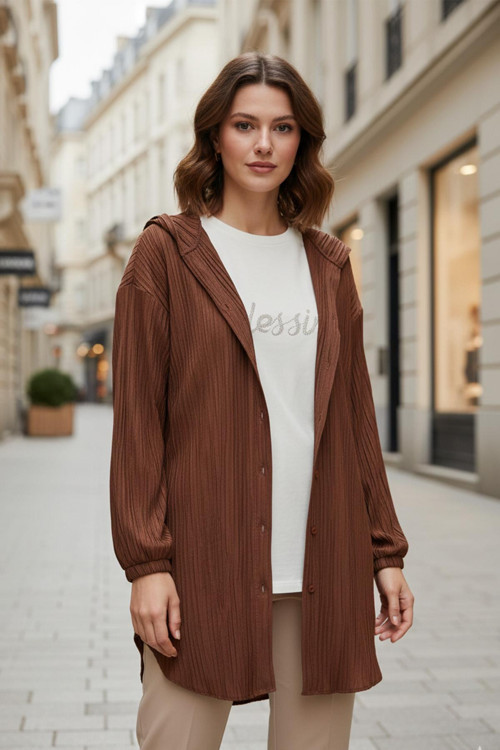 Kadın İçi Tişörtlü Kapüşon Detaylı Tunik - 10626TNK - BROWN