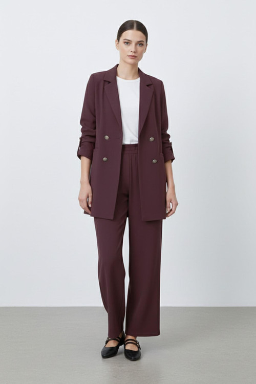 Kadın Düğme Detaylı Pantolonlu Blazer Ceket Takım - 14321TKM - BURGUNDY