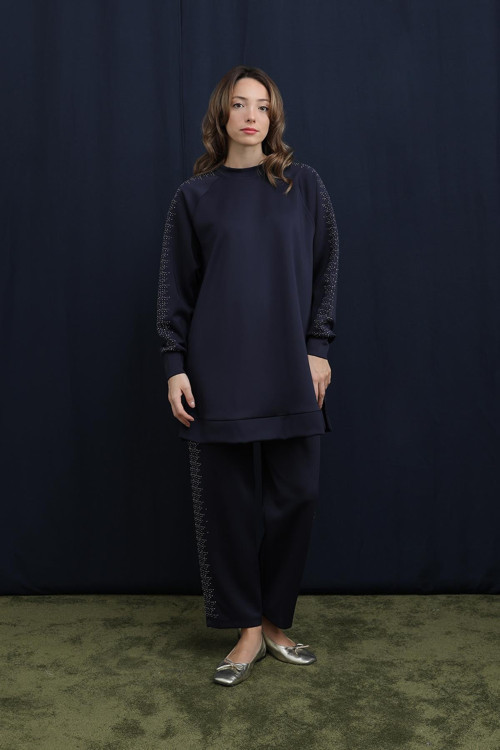 Kadın Kolları ve Pantolon Yanları Taş Detaylı Basic Takım - 14394TKS - NAVY