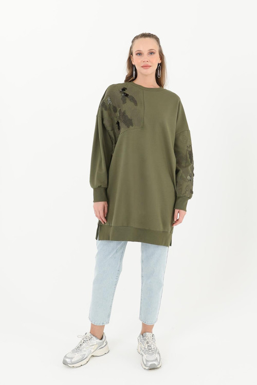 Kadın Omuz Nakışlı Tunik - 10598TUN - KHAKI