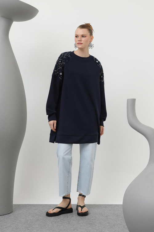 Kadın Omuzları Tül Detaylı Tunik - 10616TUN - NAVY