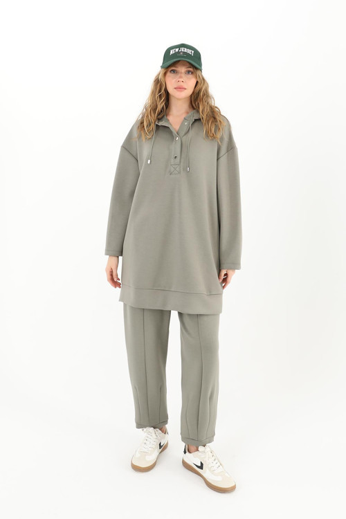 Kadın Kapüşonlu Çıtçıtlı Tunik - 10603TUN - KHAKI