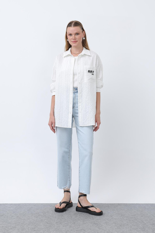 Kadın Çizgili Cebi Nakışlı Gömlek - 32329GML - ECRU-BLACK