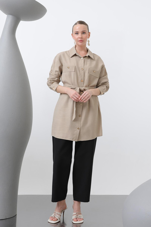 Kadın Önü Düğme Detaylı Kuşaklı Tunik - 10658TUN - CAMEL
