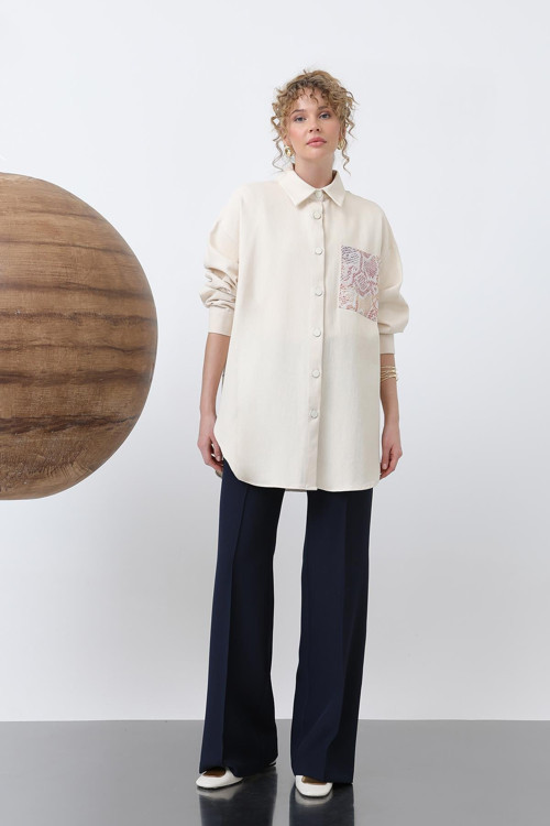 Kadın Önü Garni Cep Detaylı Arkası Nakışlı Tunik - 10642GML - BEIGE-ORANGE