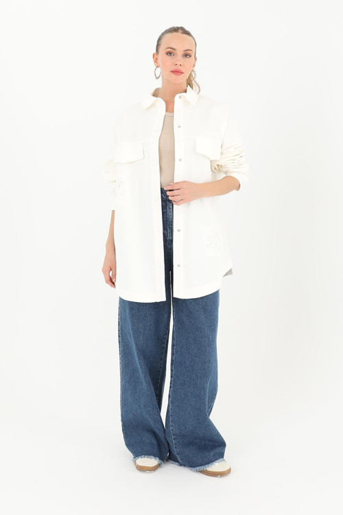 Kadın Cep Detaylı Cotton Ceket - 15187CKT - ECRU