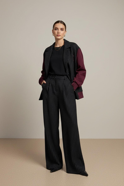 Kadın Çizgili Oversize Ceket - 32401CKT - NAVY-BURGUNDY