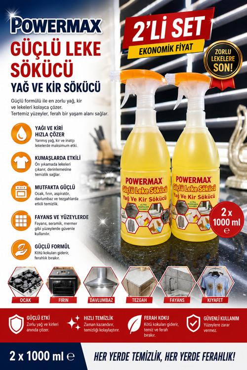 GÜÇLÜ LEKE SÖKÜCÜ 1000 ML x 2 ADET SET TOPLAM 2 LT ÇOK AMAÇLI TEMİZLİK ÜRÜNÜ