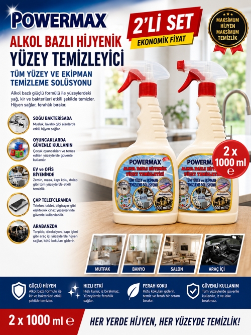 ALKOL BAZLI YÜZEY TEMİZLEYİCİ 1000 ML x 2 ADET SET TOPLAM 2 LT ÇOK AMAÇLI TEMİZLİK ÜRÜNÜ