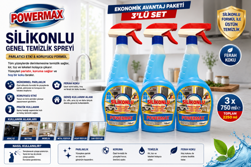 SİLİKONLU TEMİZLEYİCİ 750 ML x 3 ADET SET TOPLAM 2250 ML YÜZEY TEMİZLİK ÜRÜNÜ