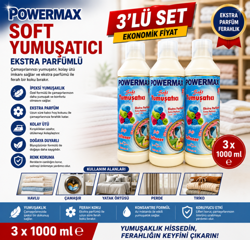 SOFT YUMUŞATICI 1000 ML x 3 ADET SET TOPLAM 3 LT ÇAMAŞIR YUMUŞATICI EKONOMİK PAKET