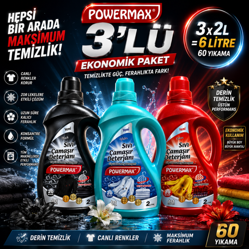 SIVI ÇAMAŞIR DETERJANI 2 LT x 3 ADET SET BEYAZLAR SİYAHLAR RENKLİLER TOPLAM 6 LT