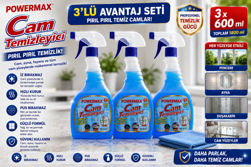 CAM TEMİZLEYİCİ 600 ML x 3 ADET SET TOPLAM 1800 ML CAM VE PARLAK YÜZEY TEMİZLEYİCİ