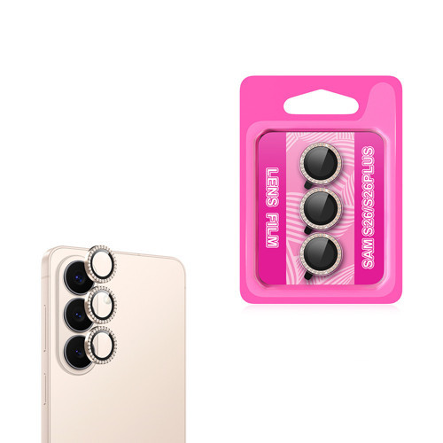 Galaxy S26 Kamera Lens Koruyucu CL-06 Renkli Taşlı Pembe-Gold
