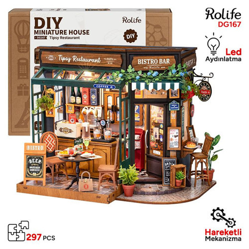 DG167 İçkili Restoran Tipsy Restaurant DIY Minyatür Maket Model Seti Mini Dollhouse Model Kit Hobi Seti 3D Puzzle