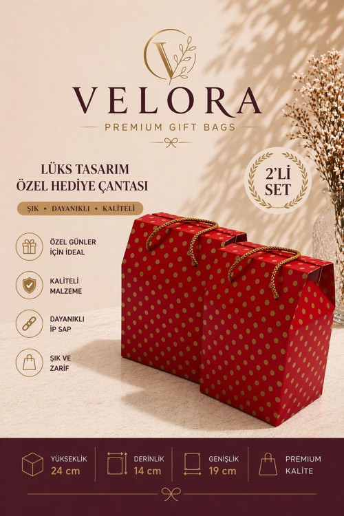 Velora 2'li Premium Karton Poşet Hediye Paketi Karton Çanta 24x14x20cm