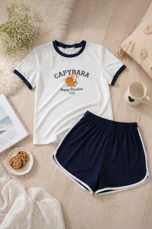Kadın Capybara Baskılı Pamuklu Şortlu Pijama Takımı