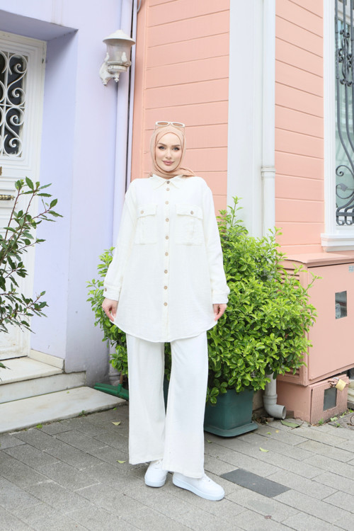 İki Cepli Gömlek Pamuk Keten Takım