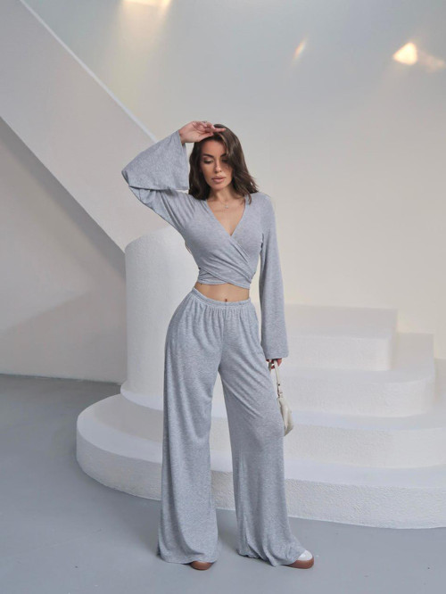 Gri Uzun Kollu İspanyol Kol Crop Top ve Bol Paça Pantolon Alt Üst Takım