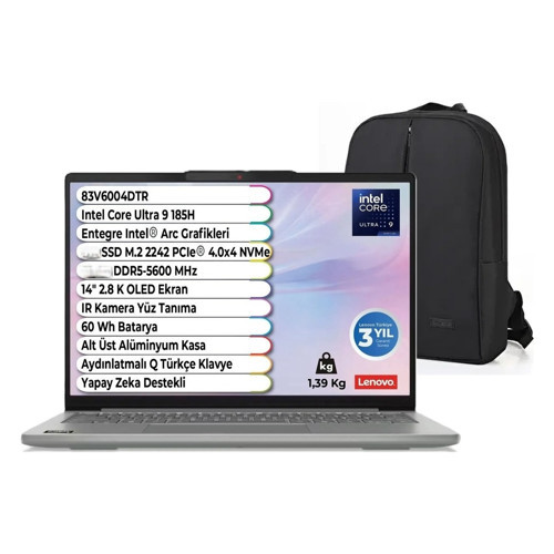 Ideapad Slim 5 14IMH10 Intel Core Ultra 9 185H 2.8 K OLED 16 GB 1 Tb SSD Windows 11 Pro 14'' 83V6004DTR Snertech Çanta