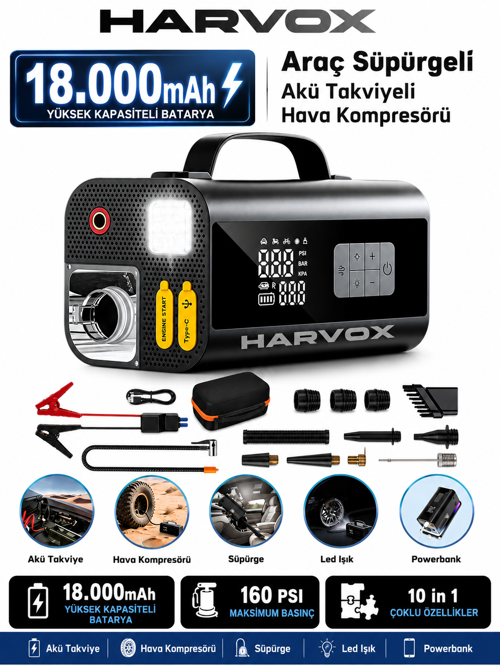 Harvox Süpürgeli Jump Starter Akü Takviye Cihazı 18.000MAH 10 in 1 Powerbank, Hava Kompresörü, LCD EKRAN,