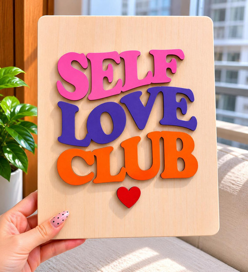Self Love Club Ahşap Duvar Dekoru | Retro Renkli Yazı Tablo | Handmade Wooden Sign | Modern Oda Dekoru | Love Club Ahşap Tasarım