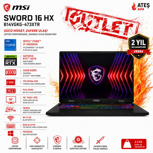 Sword 16 HX B14VGKG-473XTR i7-14650HX 32GB RAM 1TB SSD 8GB RTX 4070 FDOS 144 Hz Full HD 16 inç Oyun Bilgisayarı