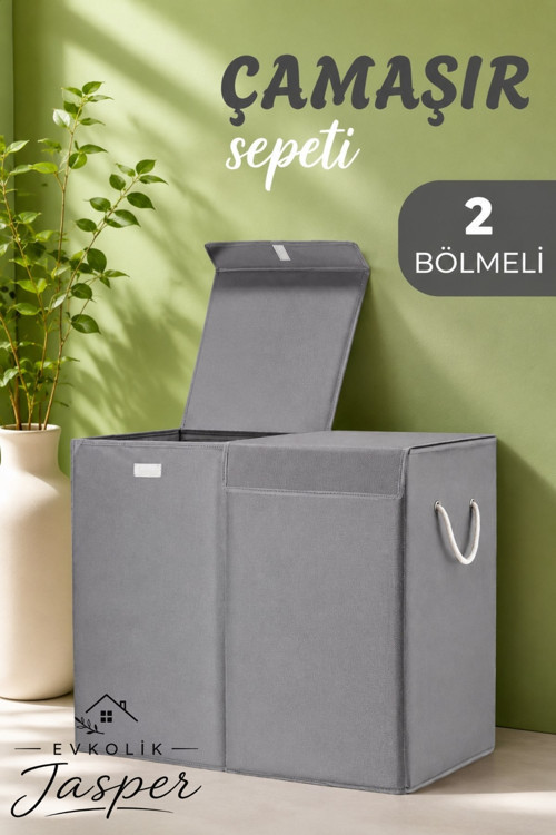 Mega Boy 100 Lt Katlanabilir 2 Bölmeli Çamaşır Sepeti – Gri, Su Geçirmez, Kulplu, Dik Duruşlu