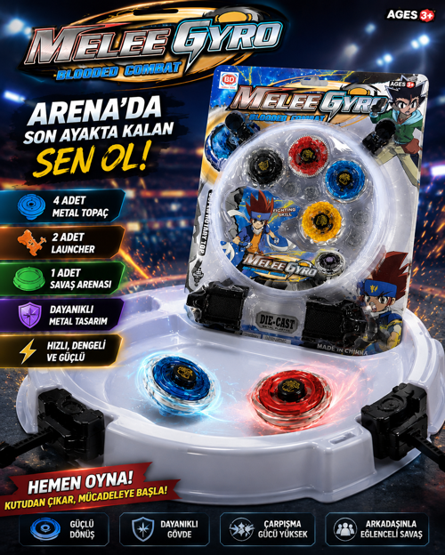 MeleeGyro 4’lü Metal Beyblade Arena Seti 4 Topaç 2 Fırlatıcı