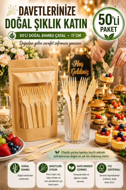 50'li Doğal Bambu Çatal 17 cm Kullan At Parti Davet Piknik Baby Shower İkramlık Sunum Seti