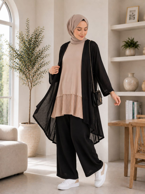 Siyah, Beyaz ve Pudra Renk Kolsuz Altı Pileli İçlik – 80 cm