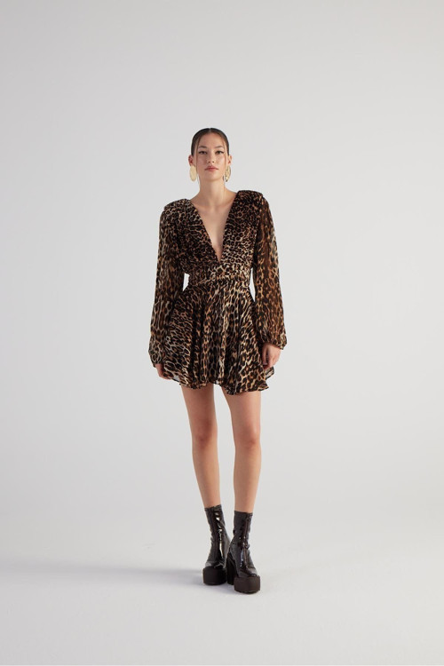 Leopar Desenli V Yaka Mini Janet Elbise Kahve