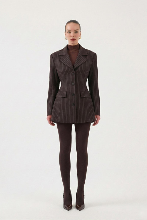 Belden Oturmalı Çizgili Fit Kesim Karen Blazer Ceket Kahve