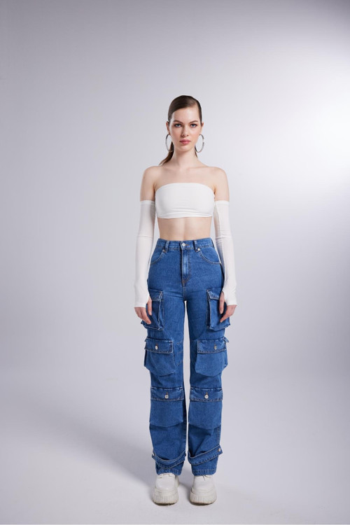 Yüksek Bel Wide Leg Kargo Jean Pantolon Mavi