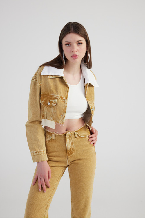Mermer Desenli Çıkarılabilir Yaka Detaylı Crop Kesim Cepli Rusted Jean Ceket Camel