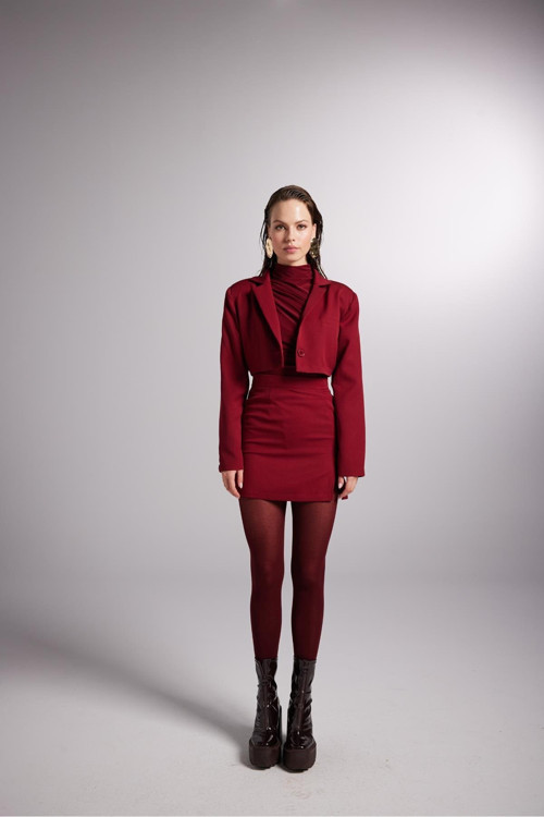 Vatkalı Atlas Kumaş Crop Model Panky Ceket Bordo
