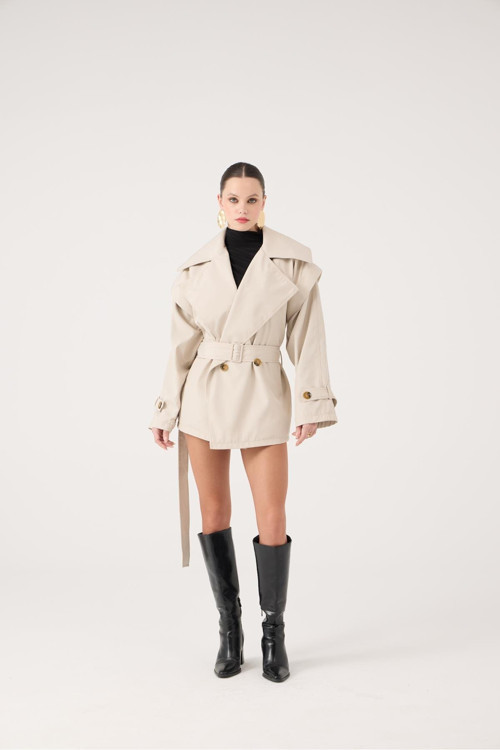Kemerli Oversize Kesim Sara Trençkot Bej
