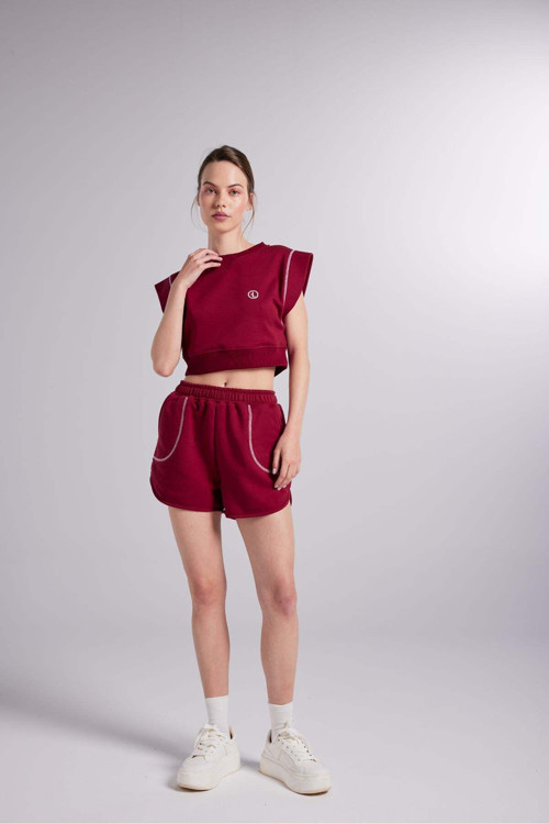 Beli Lastikli Kontrast Dikişli Mini Rhode Şort Bordo