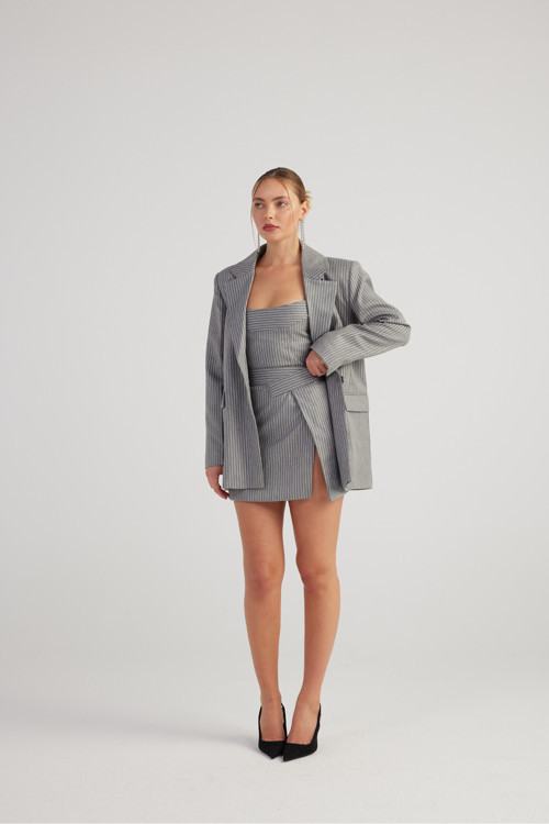 Oversize Kesim Simli Çizgili Eden Blazer Ceket Gri