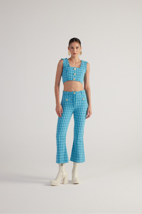 İspanyol Kesim Tüvit Tweed Pantolon Mavi