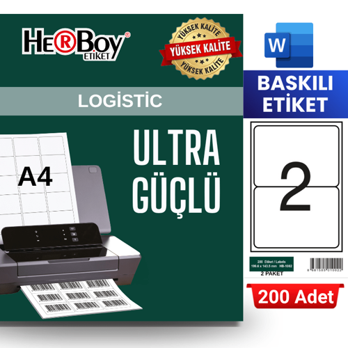 HB-1002 199,6 x 143,5 mm A4 Baskılı Laser Etiket (200 Adet)