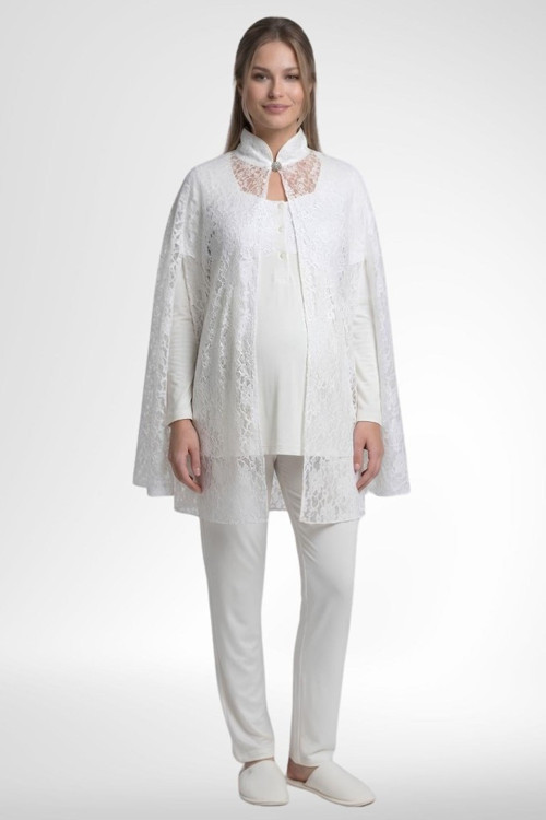 Mecit 6402 Bayan Elegant Ekru Dantel Pelerin Lohusa Pijama Takımı