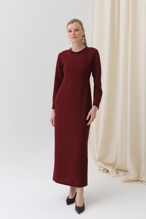 Kadın Basic Uzun Kollu Triko Maxi Elbise-12591ELB - BURGUNDY