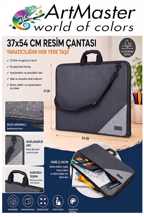 Siyah Resim Çantası Kumaş 37x54 cm 1 Adet Teknik Resim Dosya Çantası 35x50 cm Askılı Bez Proje Çantası Fermuarlı Okul